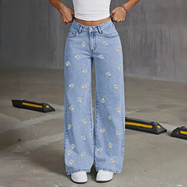 Retro Vintage Floral Embroidered Denim Wide Leg Jeans