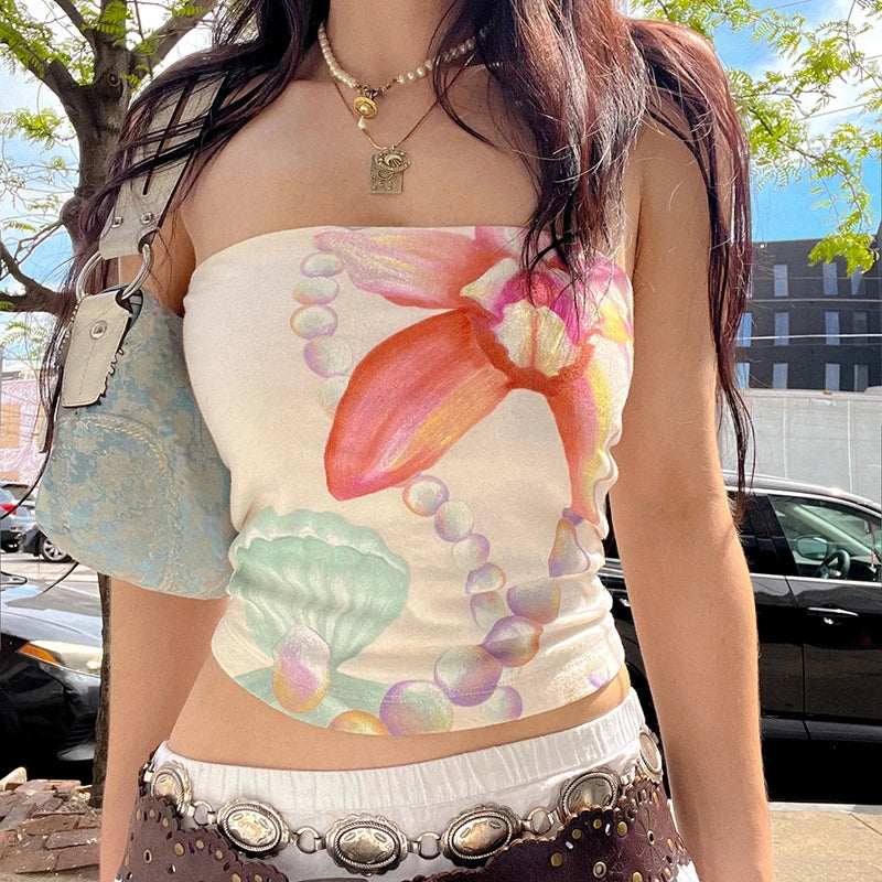 Floral Seashell Print Strapless Tank For Women Stretchy Sleeveless