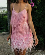Elegant Tassel Sequins Feather Mini Dress Spaghetti Strap