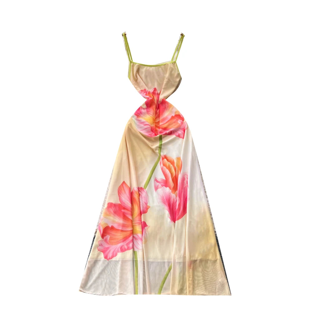 Dreamy Backless Printed Empire Mesh Maxi Dress