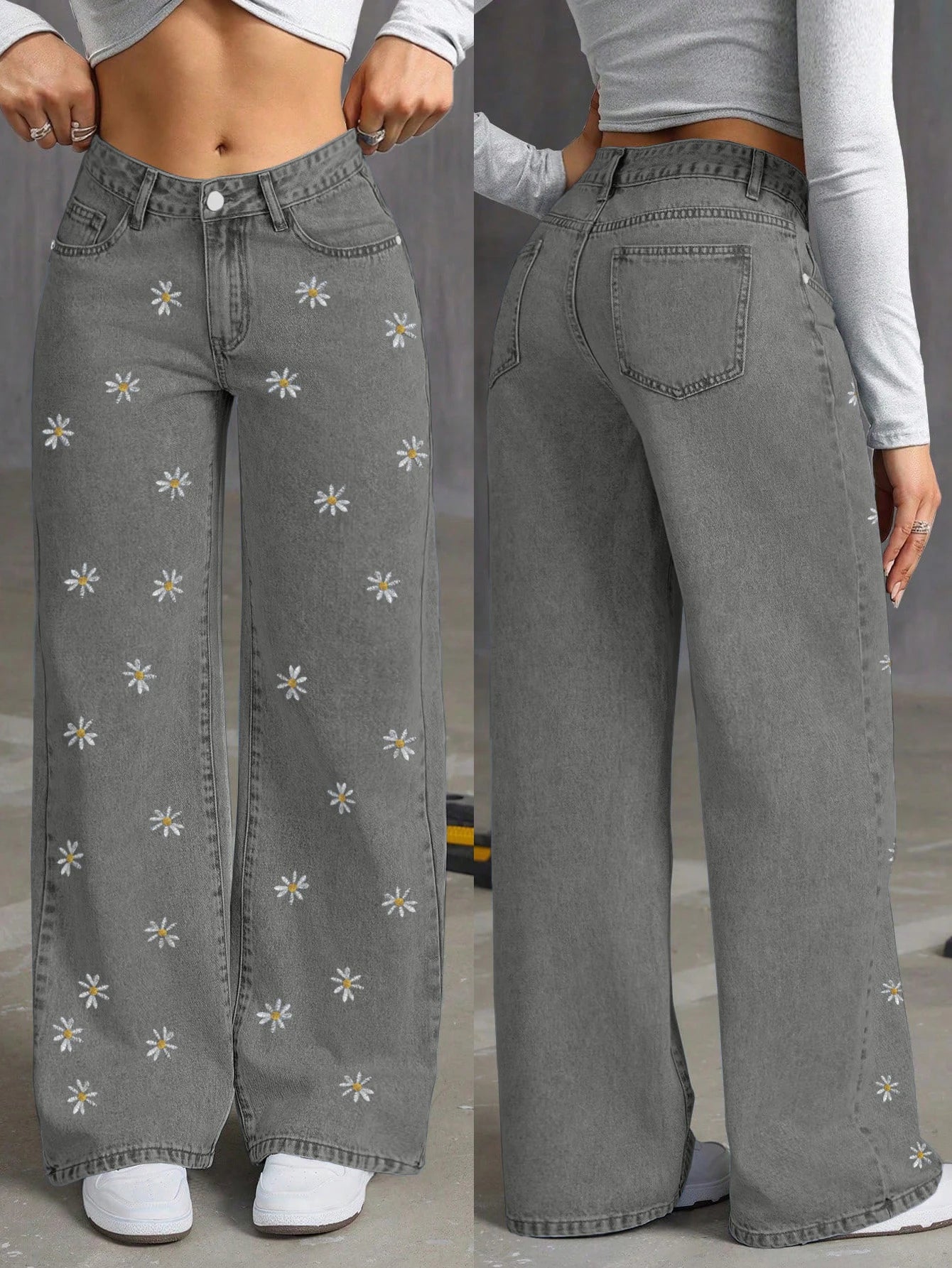 Retro Vintage Floral Embroidered Denim Wide Leg Jeans