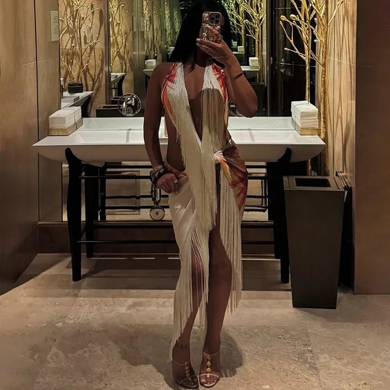 Chic Halter Maxi Dress Set With Fringe Deep V Backless Print