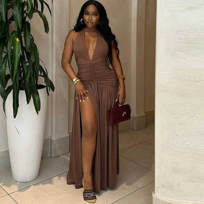 Lace Up Maxi Dress With Deep V Neck High Waist