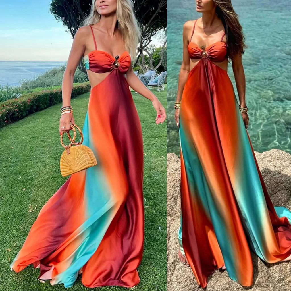 Sleeveless Gradient Print Maxi Dress With Spaghetti Straps