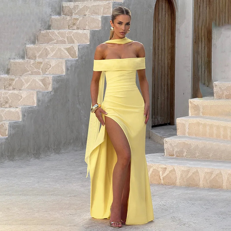 Yellow Off-the-Shoulder Side Split Maxi Bodycon Dress