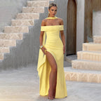 Yellow Off-the-Shoulder Side Split Maxi Bodycon Dress