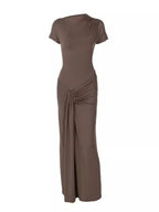 Vintage Short Sleeve Pleated Maxi  High Waist O-Neck Dress