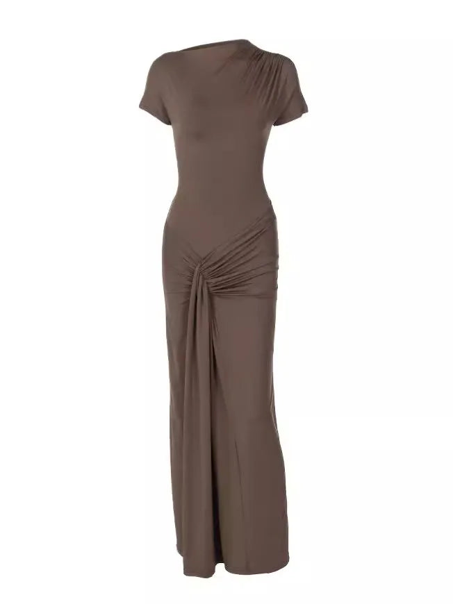 Vintage Short Sleeve Pleated Maxi  High Waist O-Neck Dress