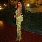Yellow Green Patchwork Mesh Halter Maxi Dress