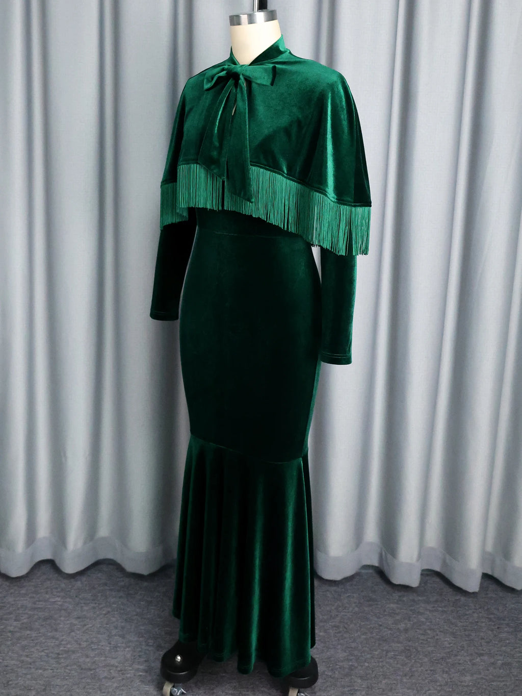 Long Sleeve Velvet Tassel Cape Evening Gown Emerald Green