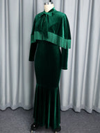 Long Sleeve Velvet Tassel Cape Evening Gown Emerald Green