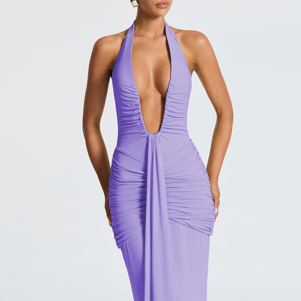 Deep V Choker Floor-Length Cashmere Dress