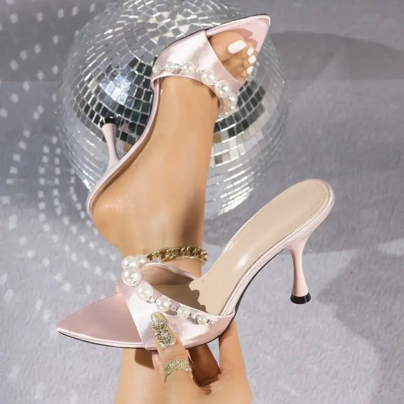 Pearl Embellished Slip On Mules Elevate Your Look With Luxe Heeled Sandals For Women