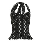 Polka Dot Princess Halter Tank With Ruffles Bust-Enhancing Backless Top Tie-Waist Charm