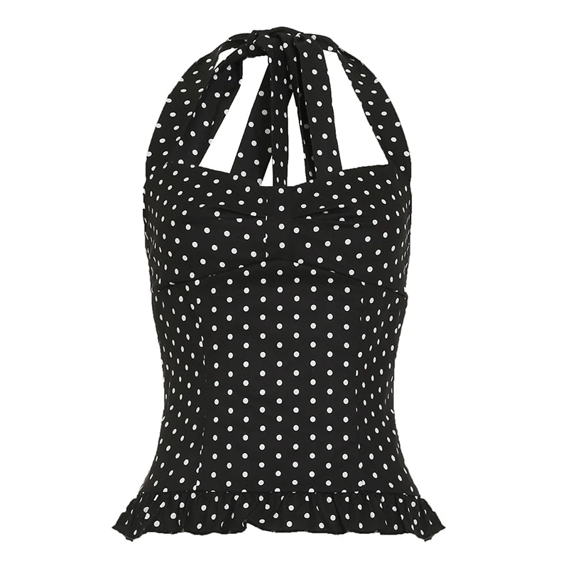 Polka Dot Princess Halter Tank With Ruffles Bust-Enhancing Backless Top Tie-Waist Charm