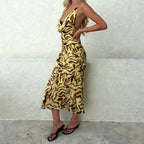 Zebra Print Breathable Knit Midi Dress With Backless Plunge Neck