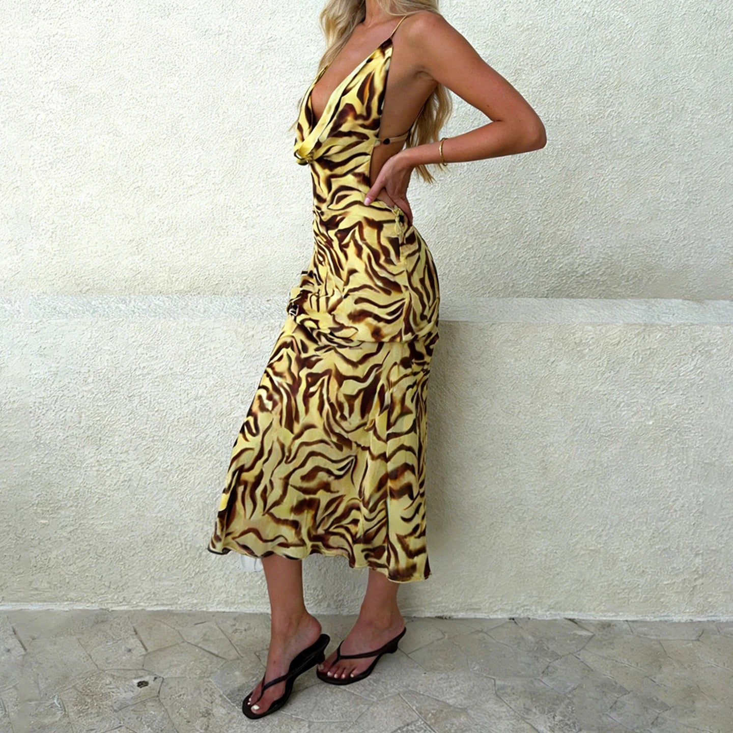 Zebra Print Breathable Knit Midi Dress With Backless Plunge Neck