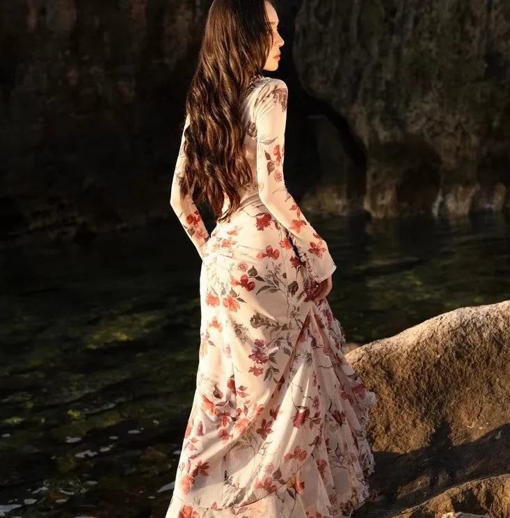 Floral Print Maxi Dress With V Neck And Split Hem Long Sleeve Beach Party Evening Wear