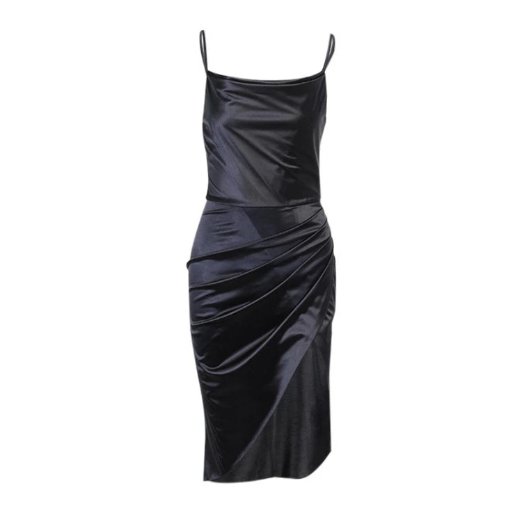 Elegant Satin Halter Dress Ruched High Slit Midi