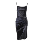 Elegant Satin Halter Dress Ruched High Slit Midi