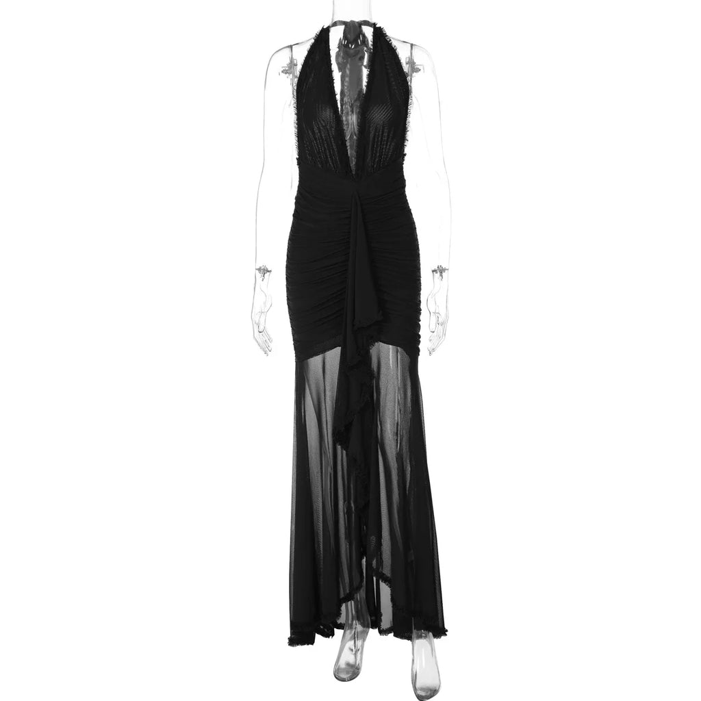 Elegant Mesh Stitching V-Neck Halter Backless Pencil Dress