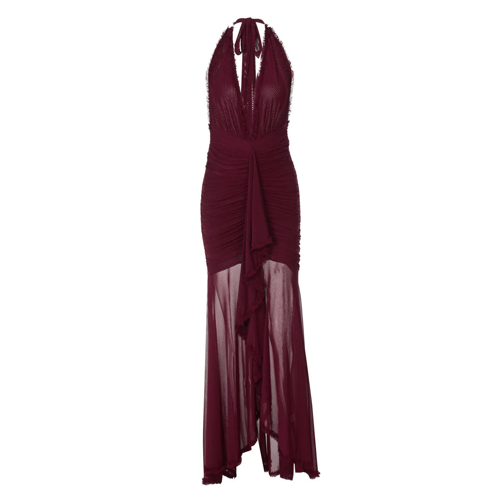 Elegant Mesh Stitching V-Neck Halter Backless Pencil Dress