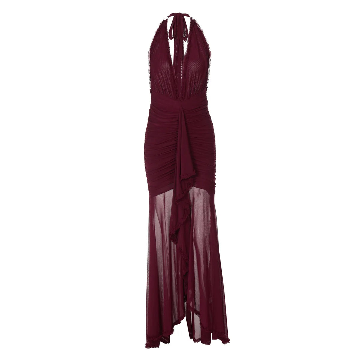 Elegant Mesh Stitching V-Neck Halter Backless Pencil Dress