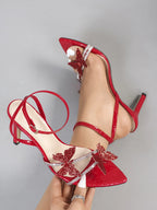 Crystal Bow High Heel Sandals Slip On Glam