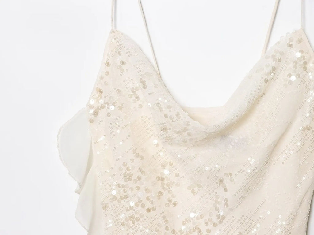 Beaded Midi Dress Collarless Sleeveless