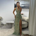 Midnight Bloom Halter Mermaid Evening Dress With Deep V Neck And 3D Floral Sequin Gown