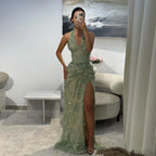 Midnight Bloom Halter Mermaid Evening Dress With Deep V Neck And 3D Floral Sequin Gown