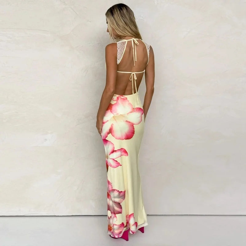 Romantic Lace Backless Maxi Dress With Floral Mesh