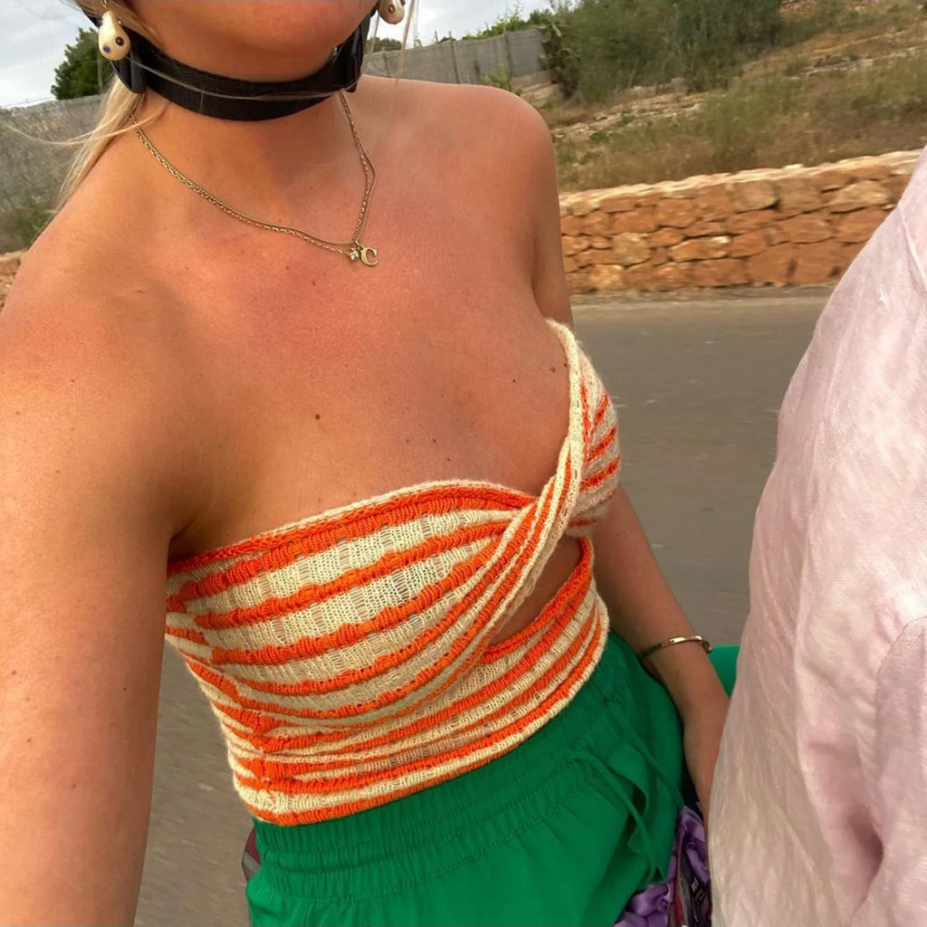 Off Shoulder Knit Tube Top With Stripe Backless Bustier Cropped