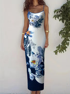 Floral Print Floor Length Dress With Low Cut Neckline Elegant Sling