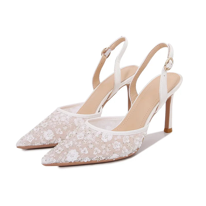 White Rhinestone Slingback Heels Women Luxury Sandals Elegant Evening Footwear Chic Boutique