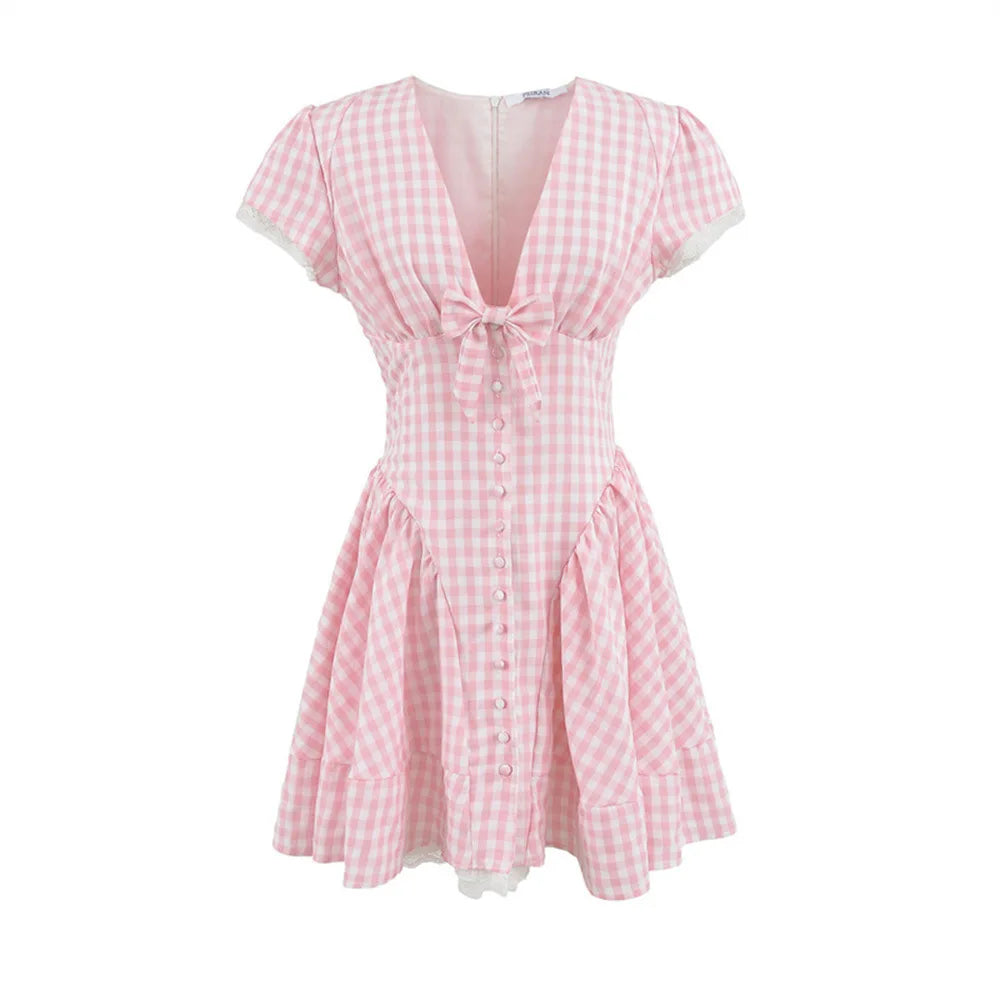 Princess Style Lace Mini Dress in Pink and White with Deep V Neck and Bow Cinched Waist