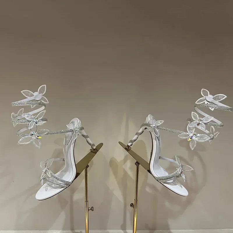 Crystal Butterfly-Knot Ankle Strap Sandals Open Toe Stiletto Heels