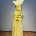 Yellow Chiffon Ruffled Halter Backless Dress