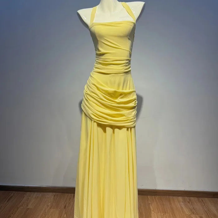 Yellow Chiffon Ruffled Halter Backless Dress