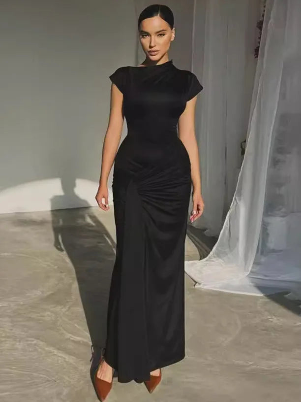 Vintage Short Sleeve Pleated Maxi  High Waist O-Neck Dress