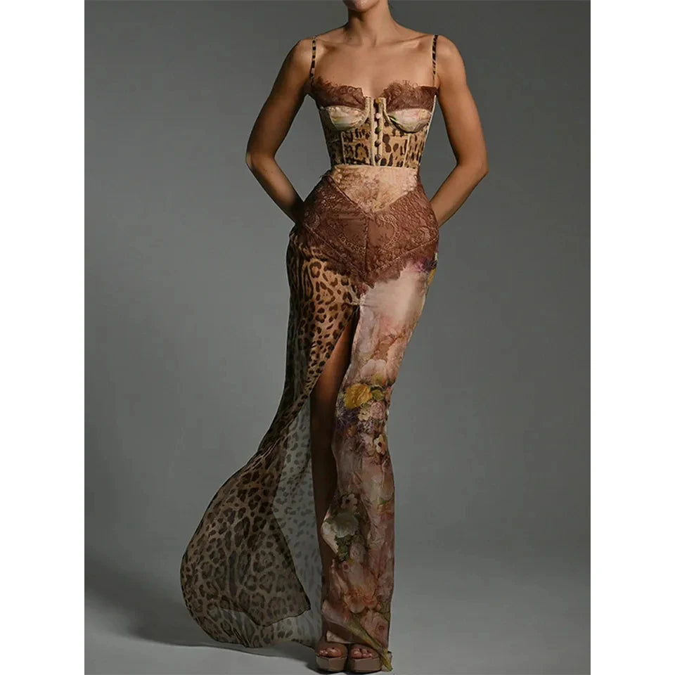 Leopard Print Chiffon Mesh Dress Off Shoulder See Through With High Waist Slit