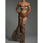 Leopard Print Chiffon Mesh Dress Off Shoulder See Through With High Waist Slit