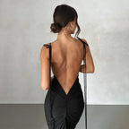 Backless Ruched Bodycon Pink V-Neck Strap Maxi Dress