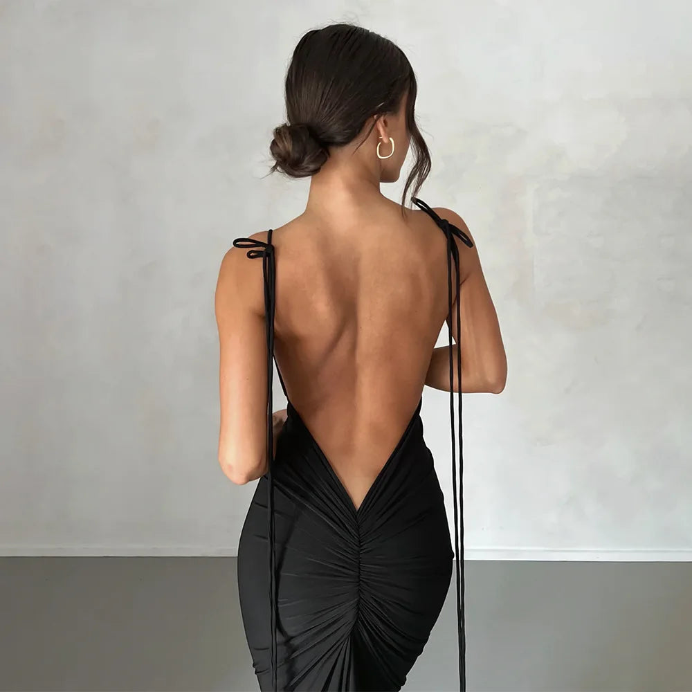 Backless Ruched Bodycon Pink V-Neck Strap Maxi Dress