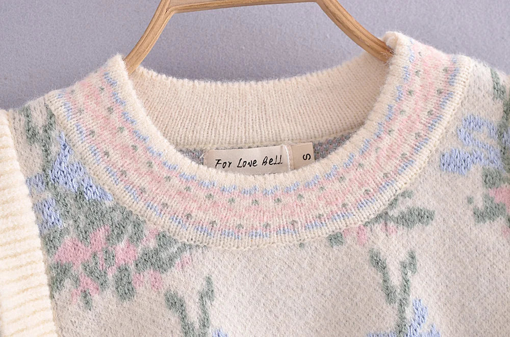 Front Wood Ears Ruffles Jacquard Cropped Sweater Vintage O neck Puff Sleeve Pullovers Short Jumper Knitwear