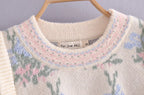 Front Wood Ears Ruffles Jacquard Cropped Sweater Vintage O neck Puff Sleeve Pullovers Short Jumper Knitwear