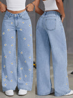 Retro Vintage Floral Embroidered Denim Wide Leg Jeans