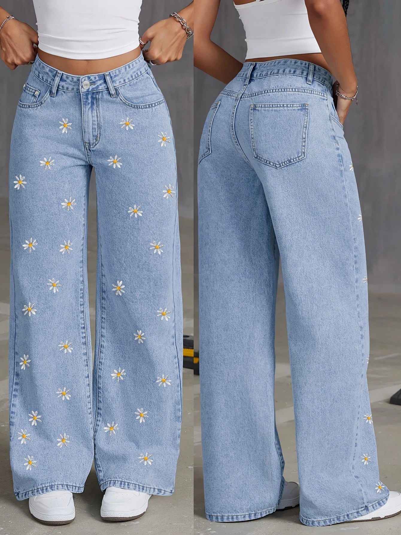 Retro Vintage Floral Embroidered Denim Wide Leg Jeans