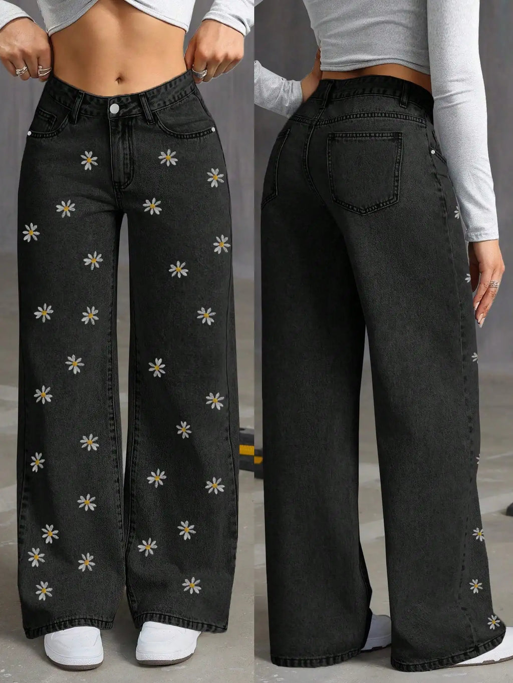 Retro Vintage Floral Embroidered Denim Wide Leg Jeans
