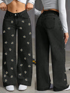 Retro Vintage Floral Embroidered Denim Wide Leg Jeans